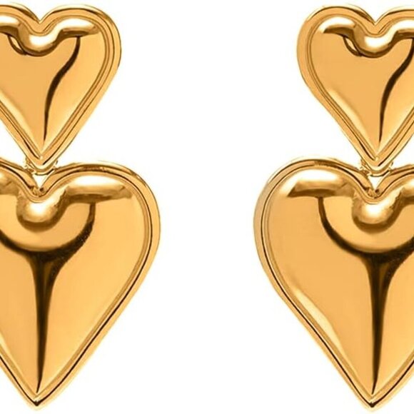 Heart Drop Earrings Double Heart Statement Dangle Earrings for Women Gold Silver - Picture 1 of 6